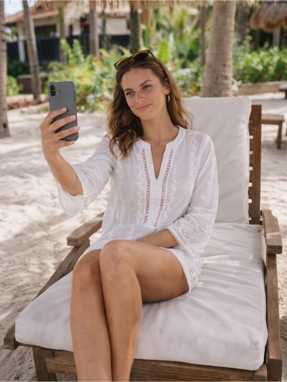 Embroidered Cotton Tunic / Swim Cover-up with Eyelet Boho Summer Vacation - Picture 2 of 15